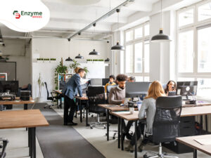 Modern coworking space in Hebbal with professionals working in a collaborative environment