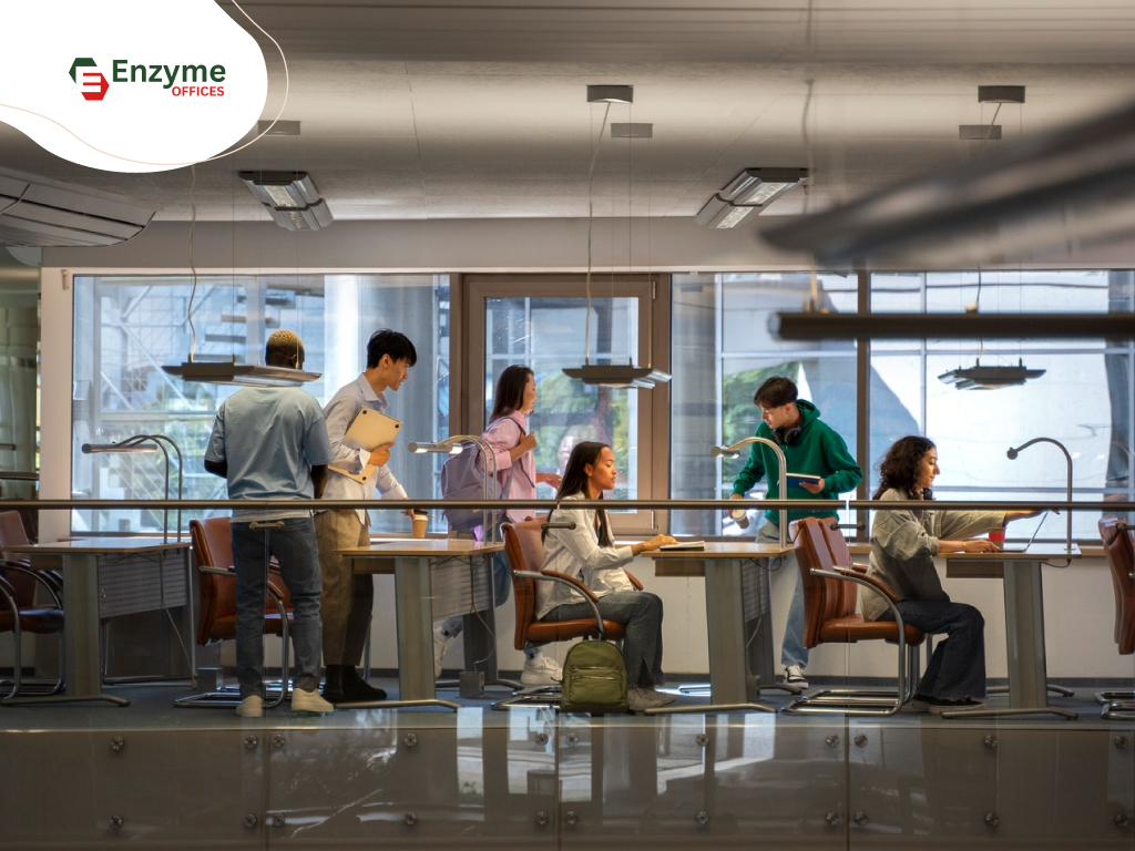 Modern coworking space with open desks and collaborative work environment