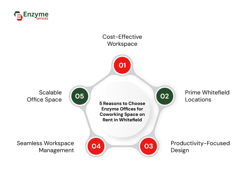 Infographic explaining why Enzyme Offices is the best choice for coworking space on rent in Whitefield 