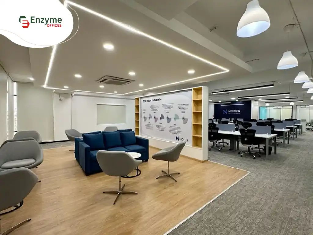Modern office lounge with sofa seating, open workspace, desks, and contemporary lighting